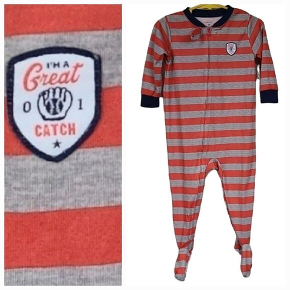 Carters Footed Onesie Pajamas 18M Orange Stripes Baseball Mitt Baby Boys PJS - Picture 1 of 6